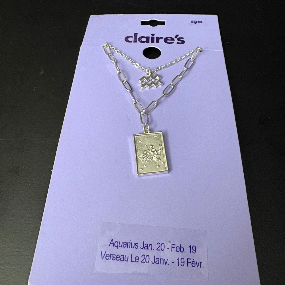 NWT Claires Silver Aquarius‎ Zodiac Layered Set of 2 Necklaces Jan Feb Gift